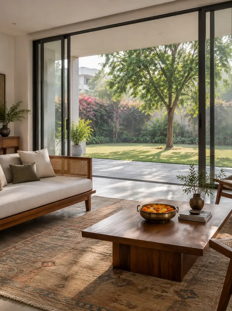 Living room opening onto a garden through slim sliding doors
