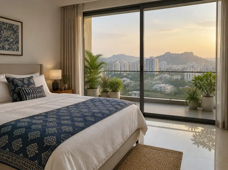 Bedroom with large insulated sliding doors and a hillside view