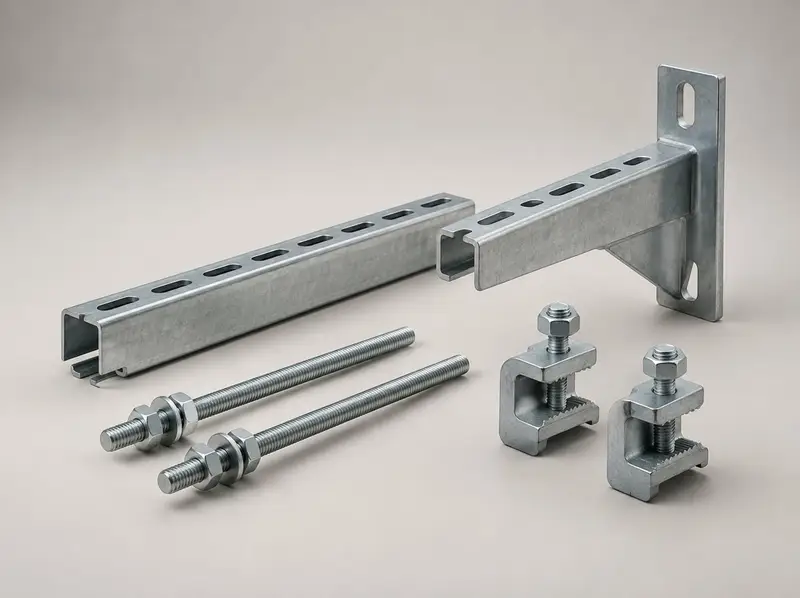 C-channel, brackets, threaded rods and clamps