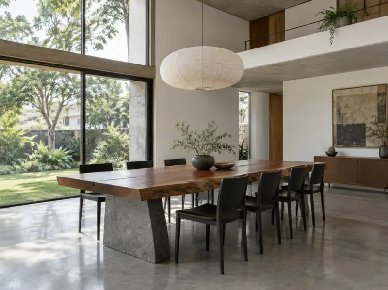 Live-edge wood dining table on granite blocks