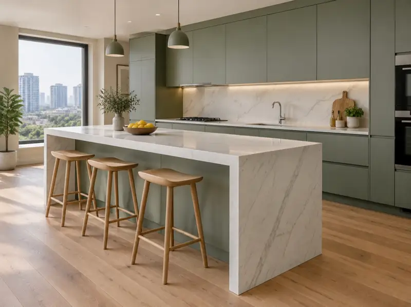 Quartz waterfall kitchen island