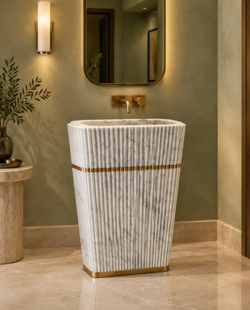 Fluted white marble pedestal with brass band