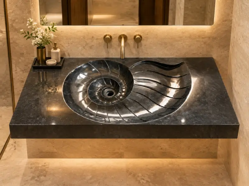 Nautilus shell basin carved in black stone