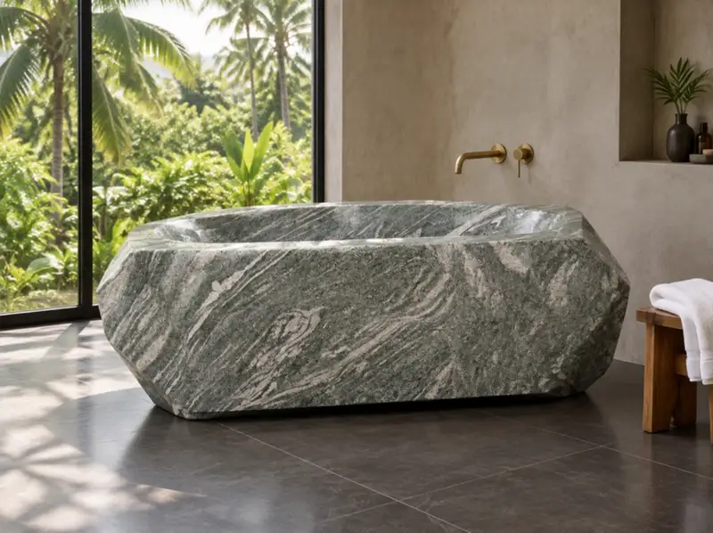 Faceted granite bathtub carved from one block