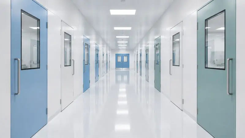 Cleanroom corridor lined with hollow metal doors
