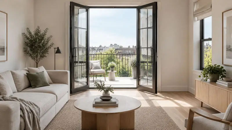 Steel French doors opening onto a balcony
