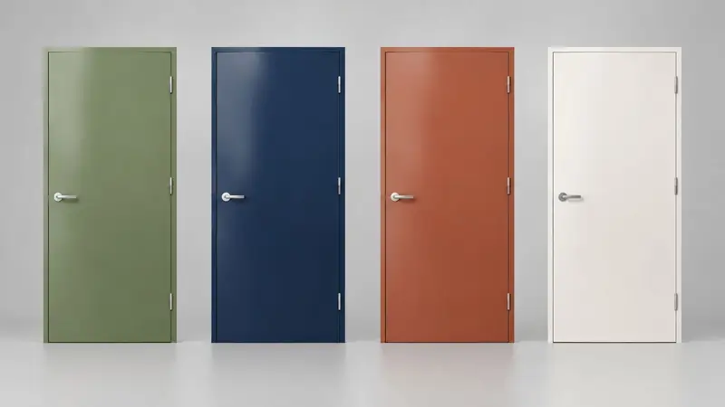 Steel doors in green, blue, red and white
