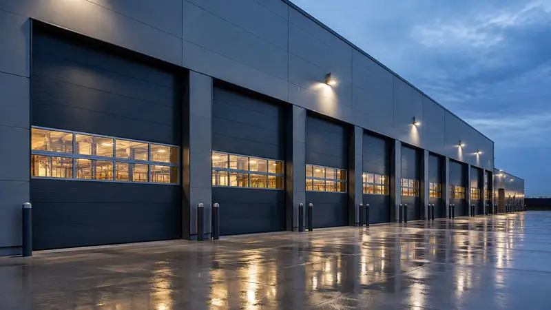 Row of sectional doors at dusk