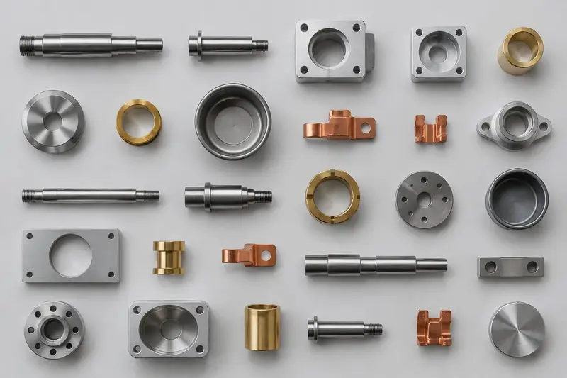 Flat lay of machined and deep-drawn metal parts