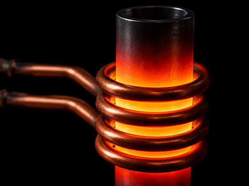 Induction coil glowing as it heats a part