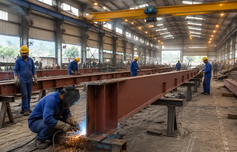 Welders fabricating heavy built-up steel sections