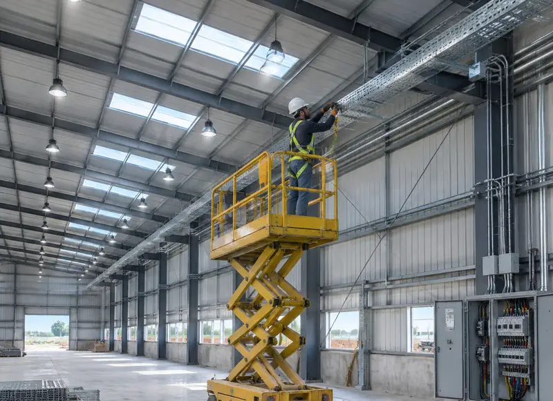 Electrician on a lift inside a PEB shed