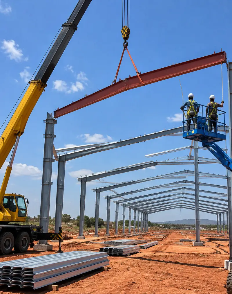 Crane lifting a steel rafter into place on site