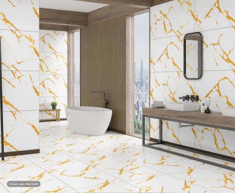 Living room floored in Gilded marble-look tiles