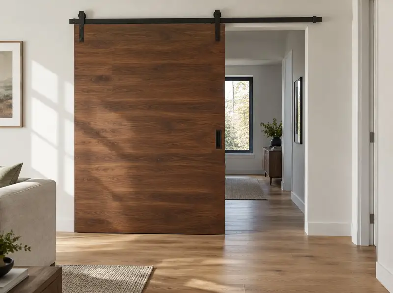 Walnut barn door sliding on a black top track