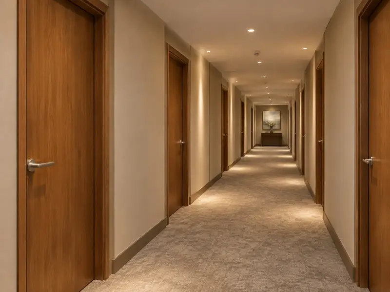 Hotel corridor lined with wooden doors